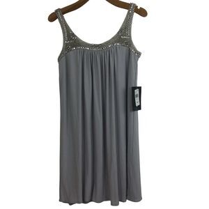 JS Boutique Beaded Neck Embellished Sleeveless Scoop Neck Shift Dress Gray 10